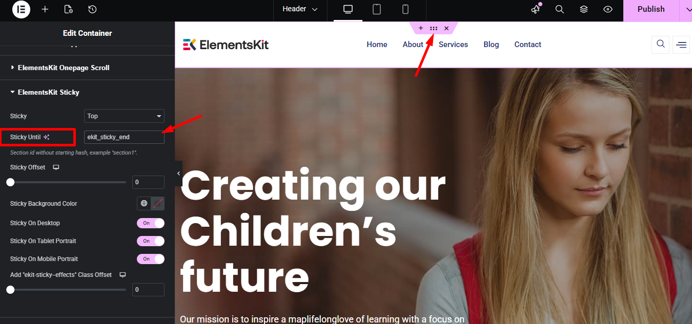 Click Header's inner section go to ElementsKit Sticky and find Sticky Until and paste the CSS ID