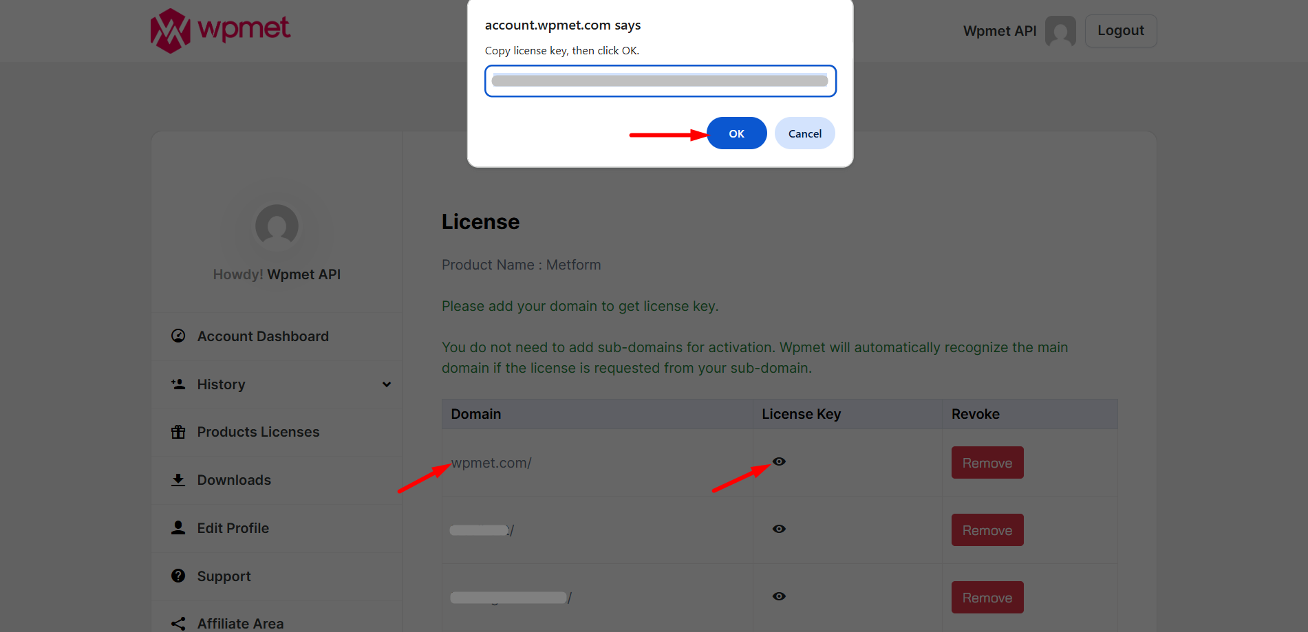 Copy your Metform License key