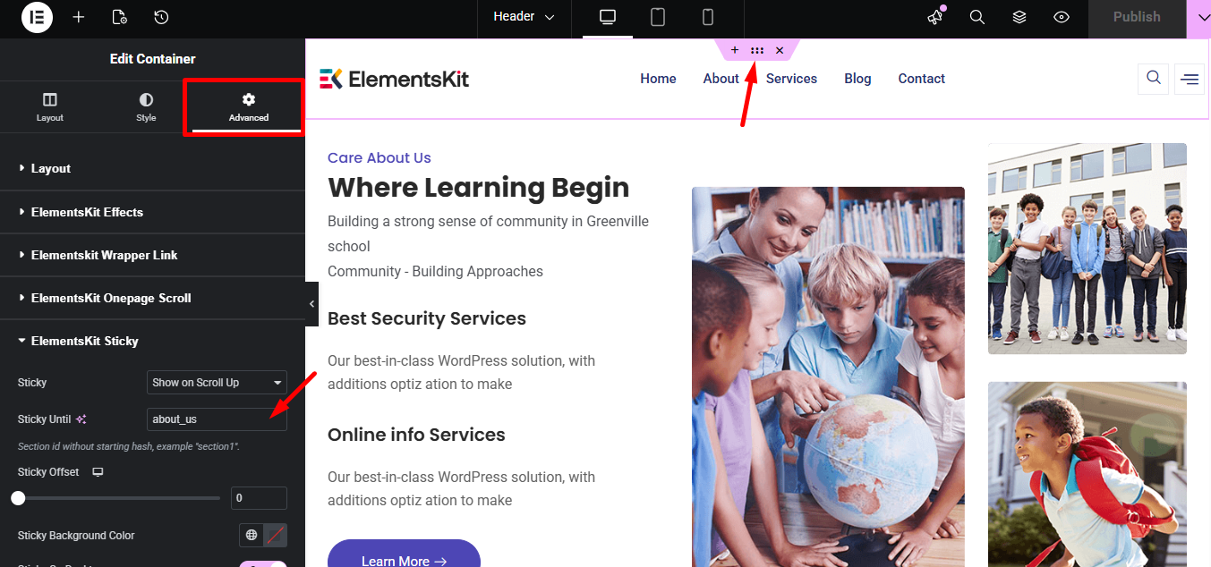 Open the header's inner section, in the advanced tab find sticky untill and paste the copied CSS ID