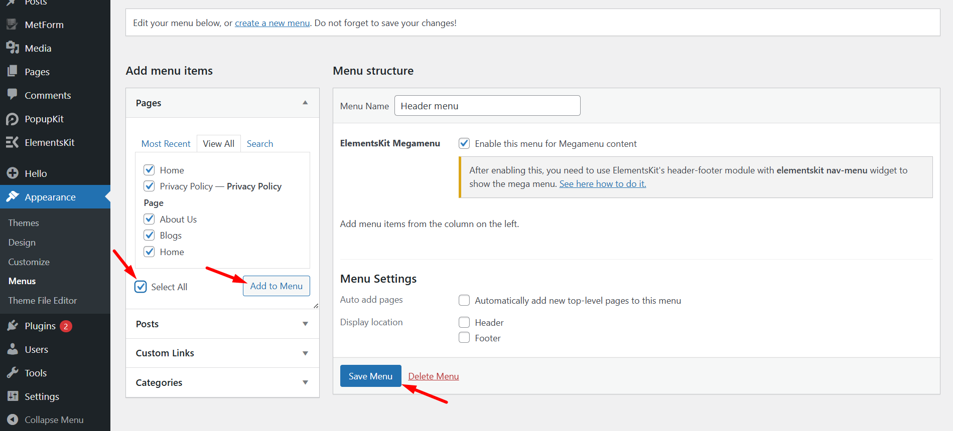 Add pages to the mega menu and save the changes