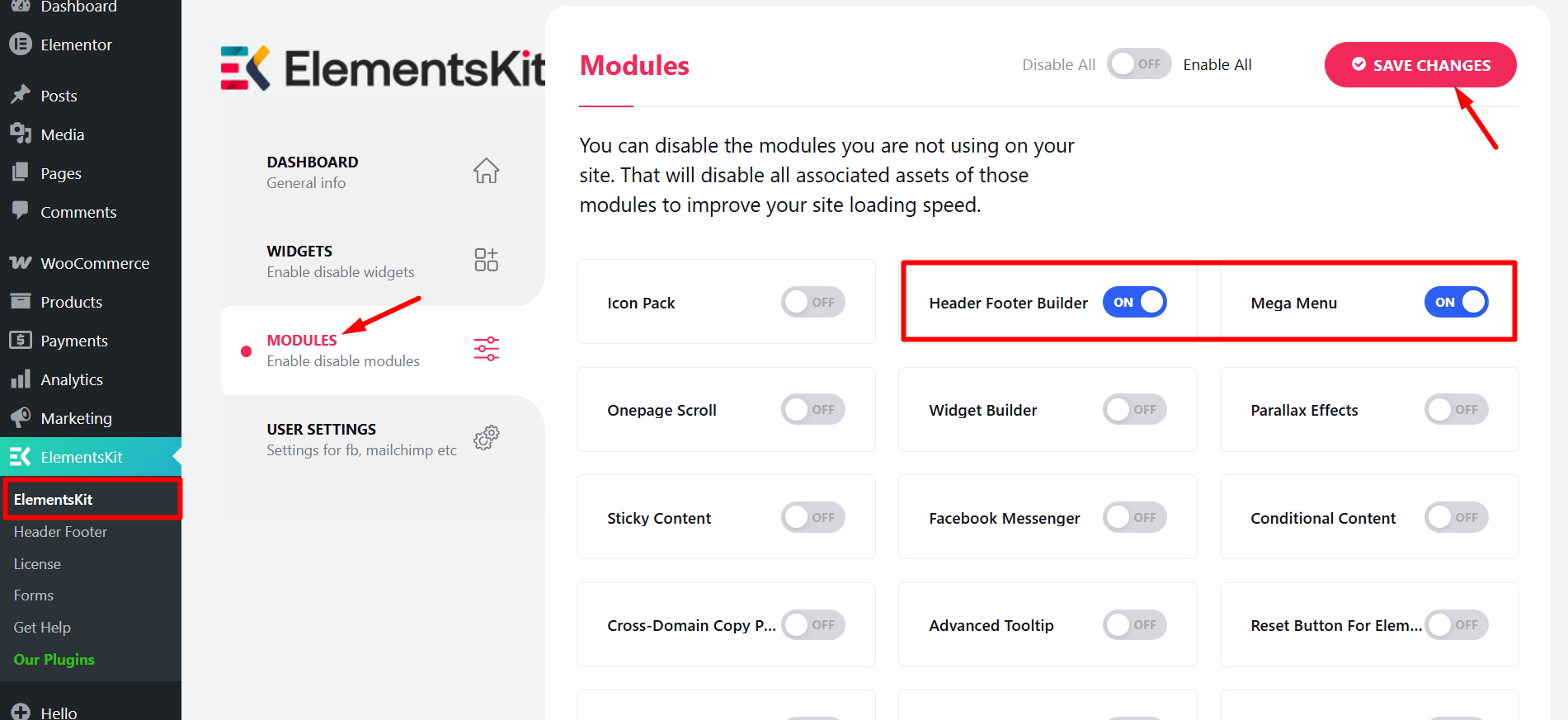 Enable header footer and mega menu module