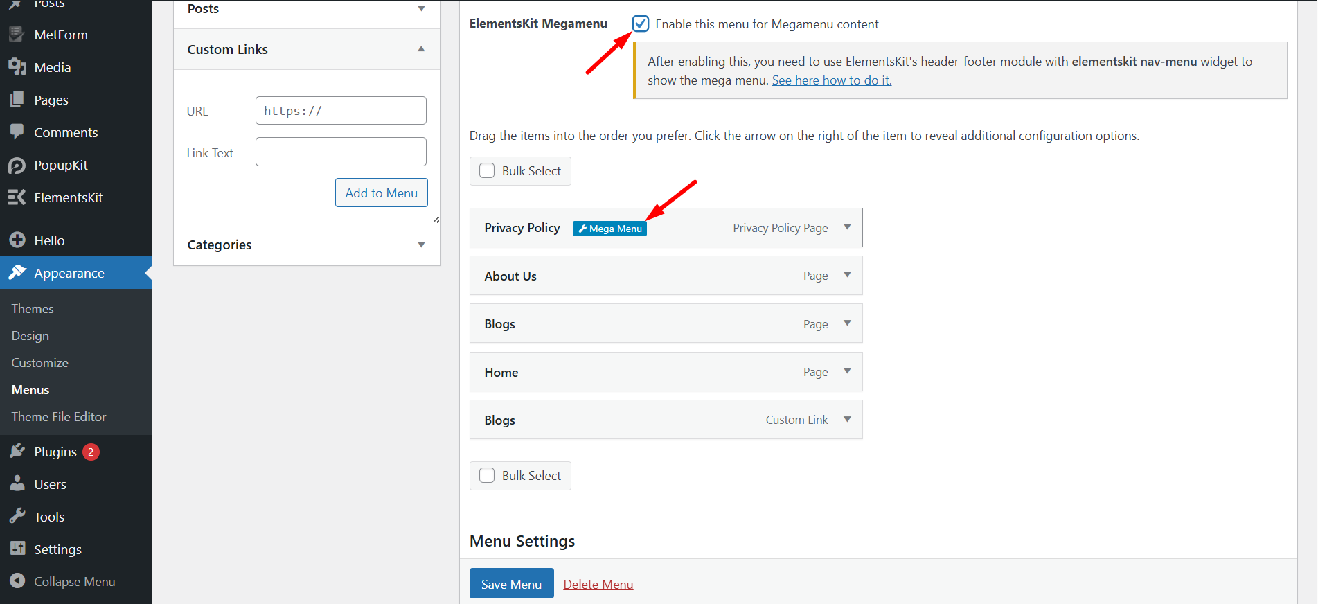 Enable the menu for megamenu content