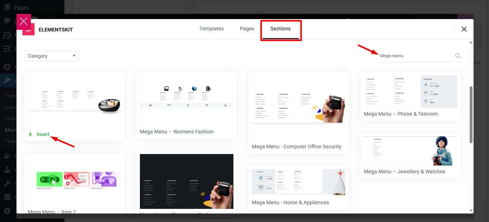 From the sections tab search mega menu, choose and insert template