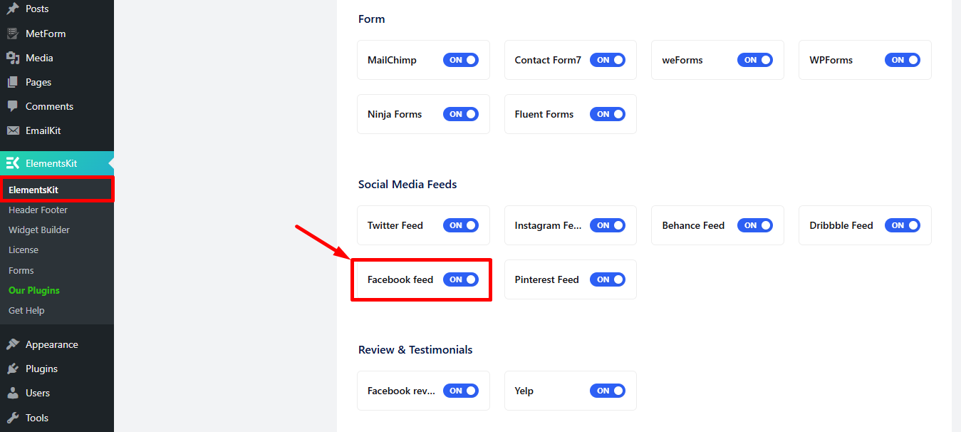 Find Facebook Feed and toggle the button to turn it ON