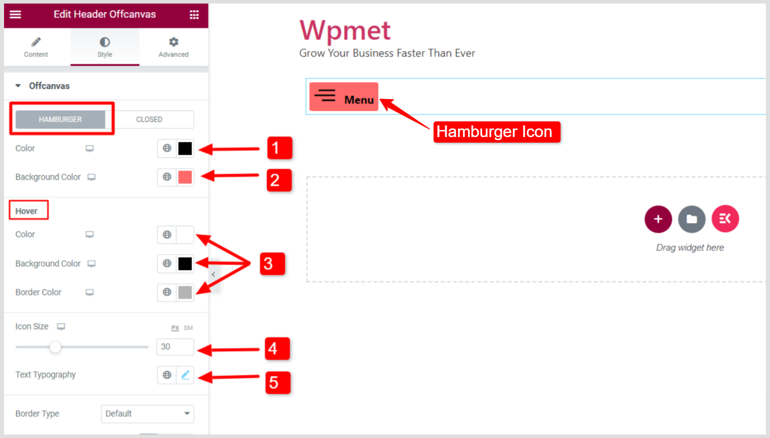 customize hamburger button for WordPress off canvas menu in Elementor