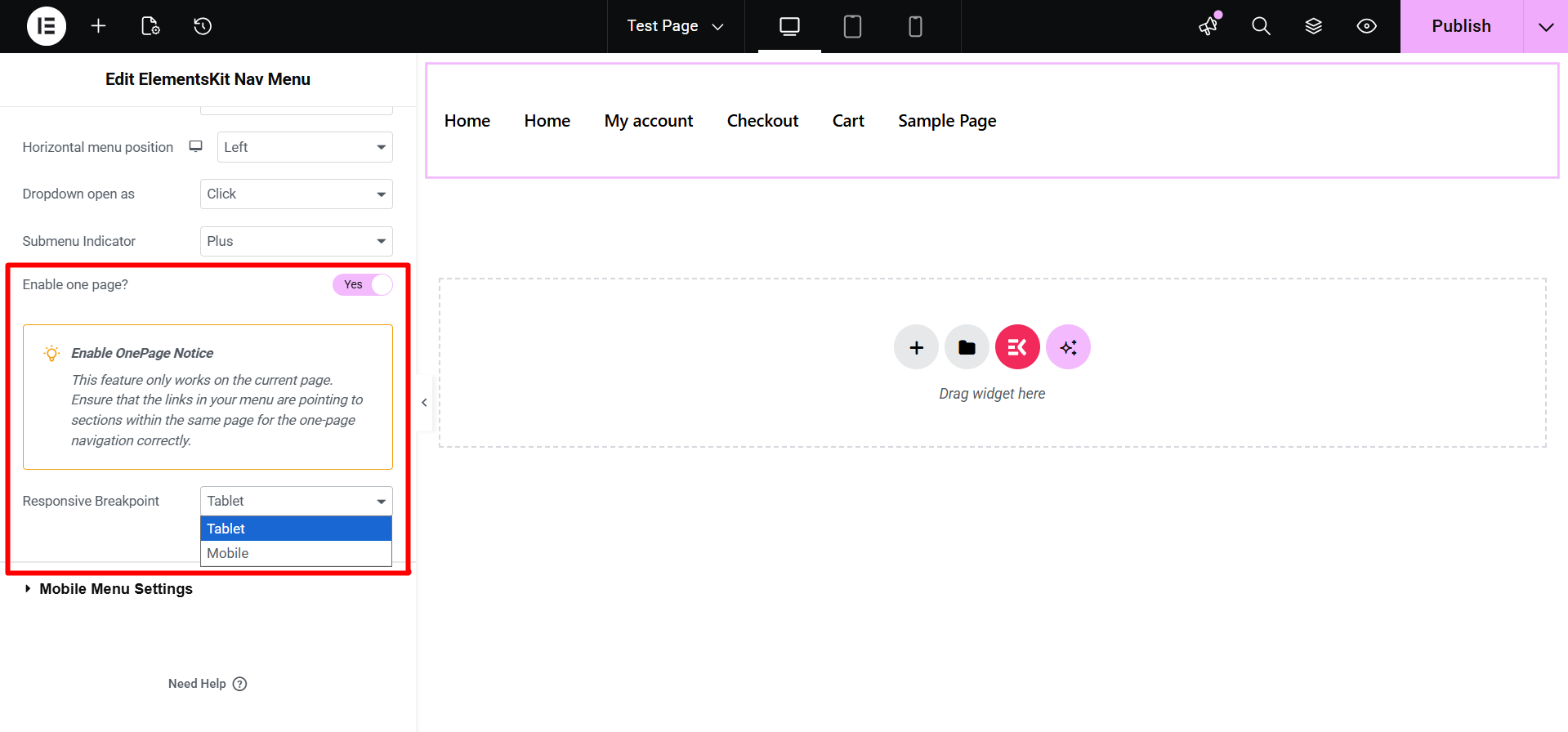 Enable one page and set a responsive breakpoint