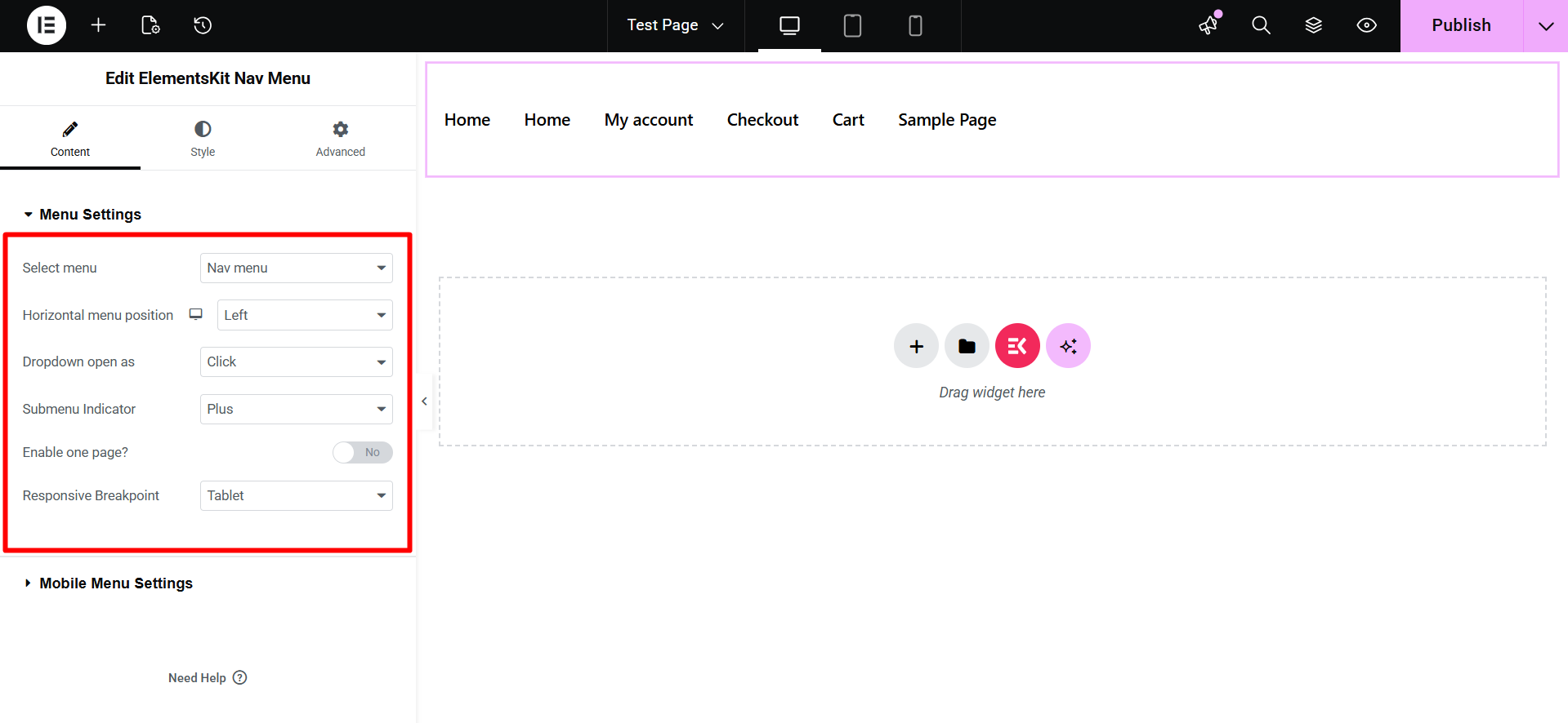 Menu settings of ElementsKit Nav Menu