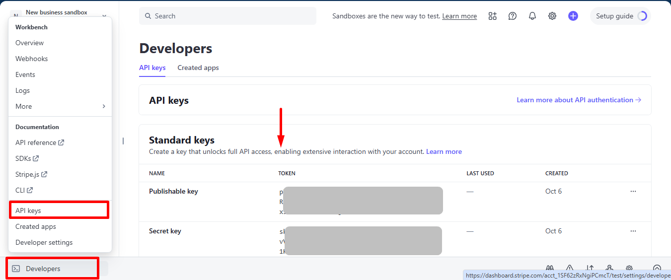 Access your Stripe dashboard and copy API keys from Developers