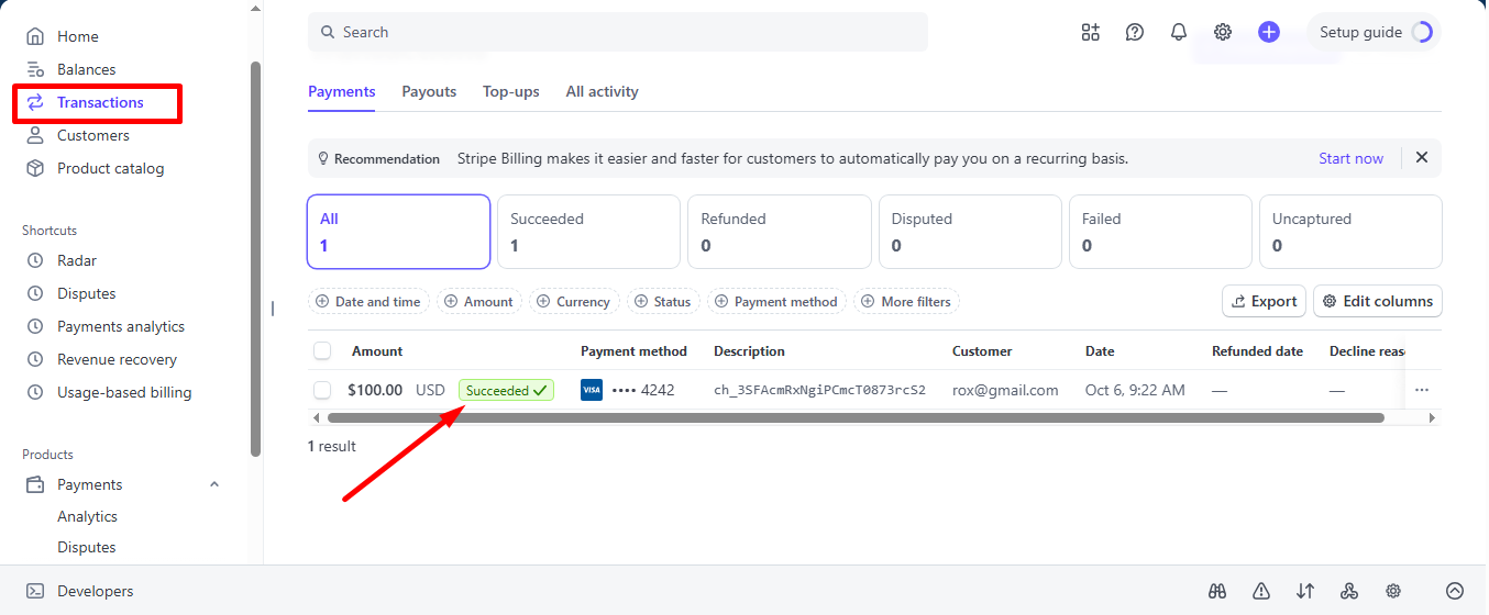 Check the transaction in stripe's dashboard