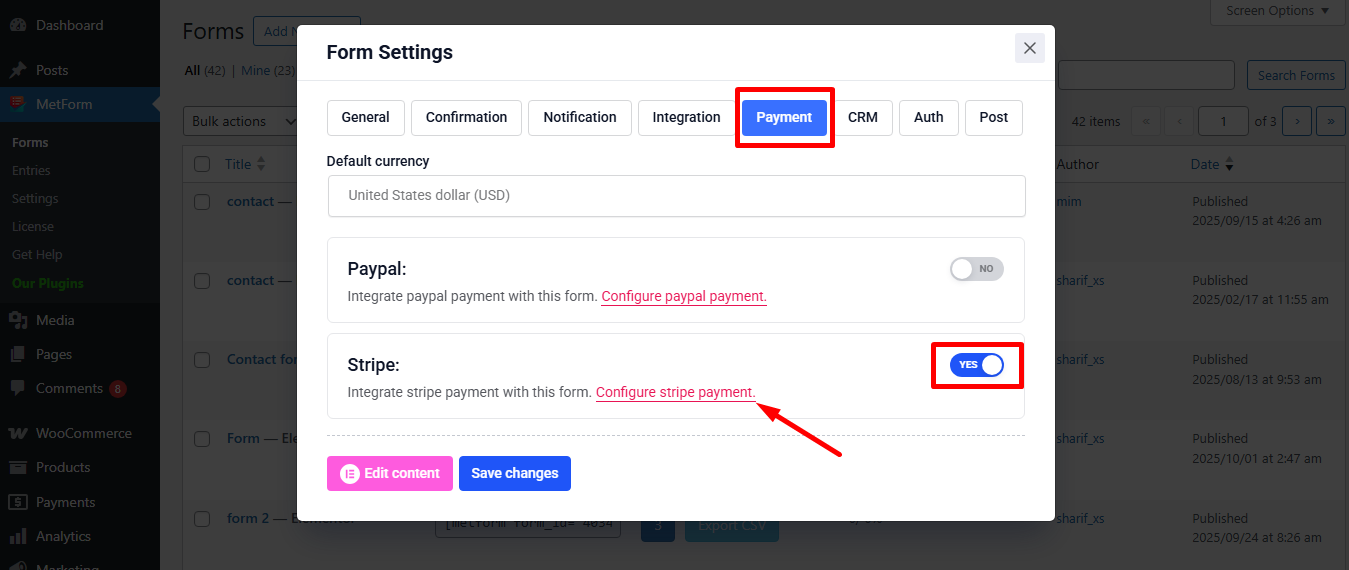 Enable stripe and click configure stripe payment