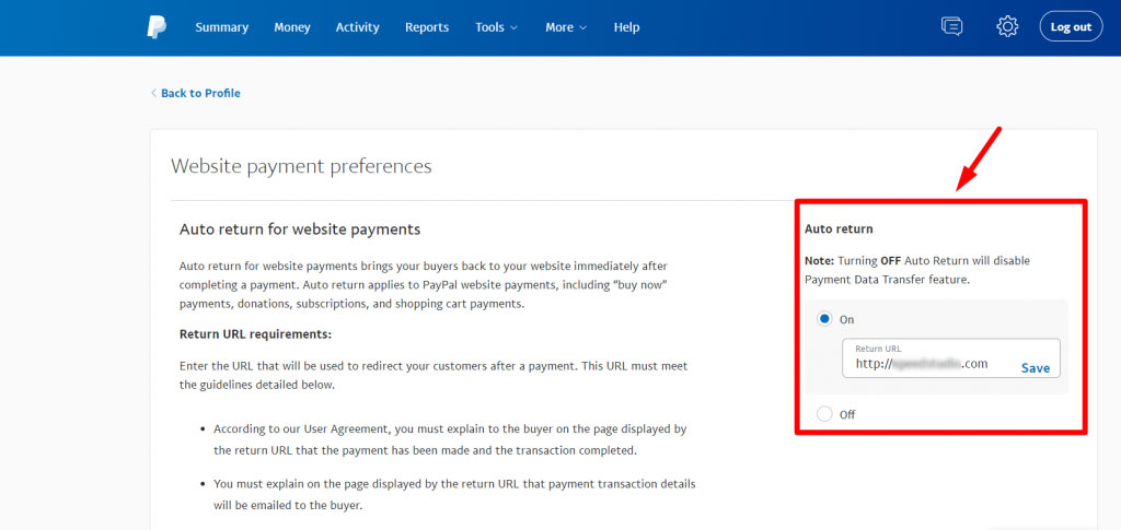 Enable the Auto return for website payments