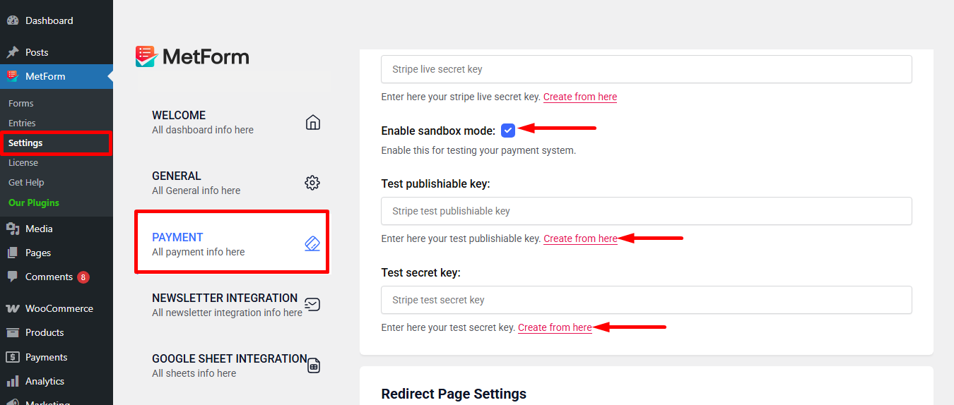 Go to payment from Metform Settings