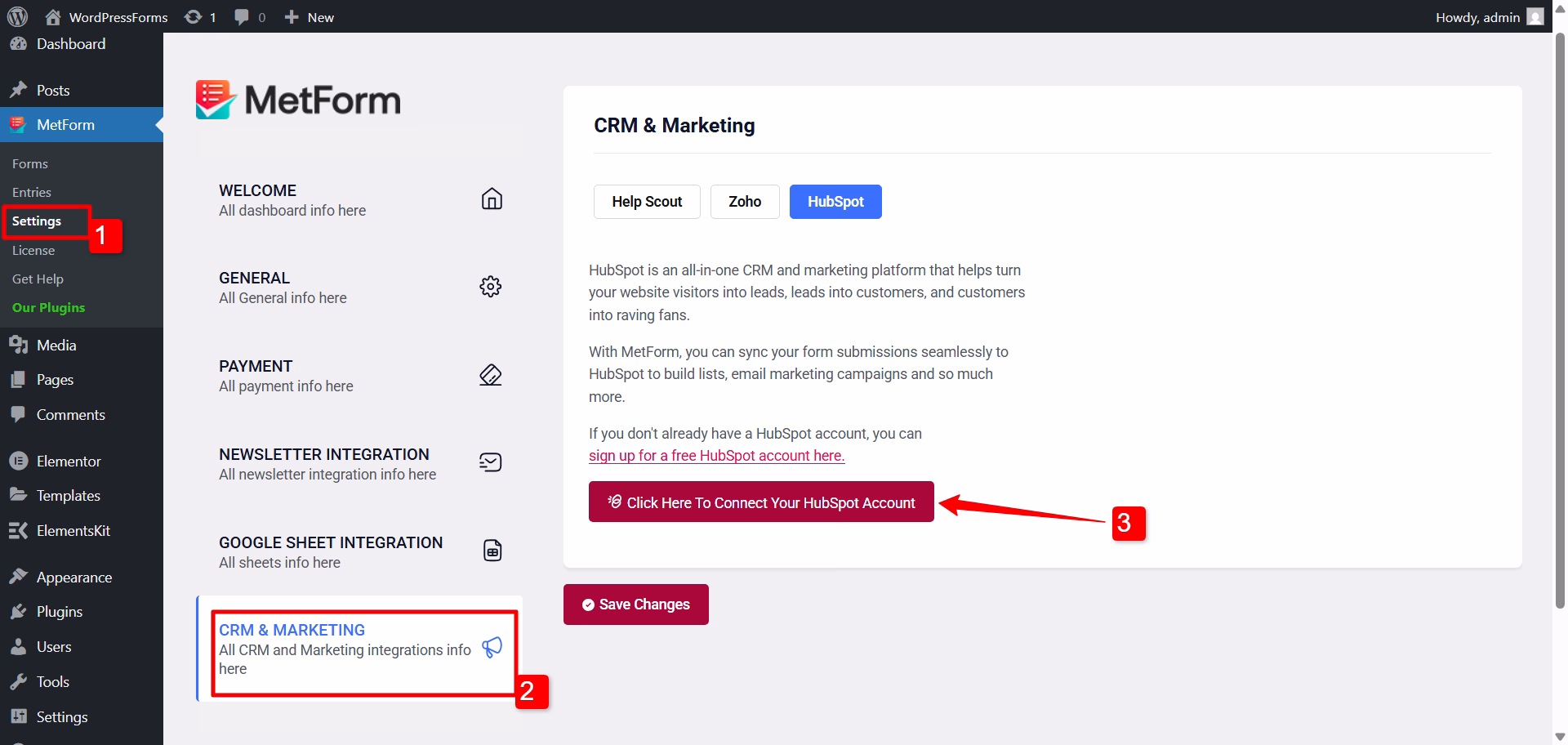 HubSpot integration with WordPressForms- MetForm