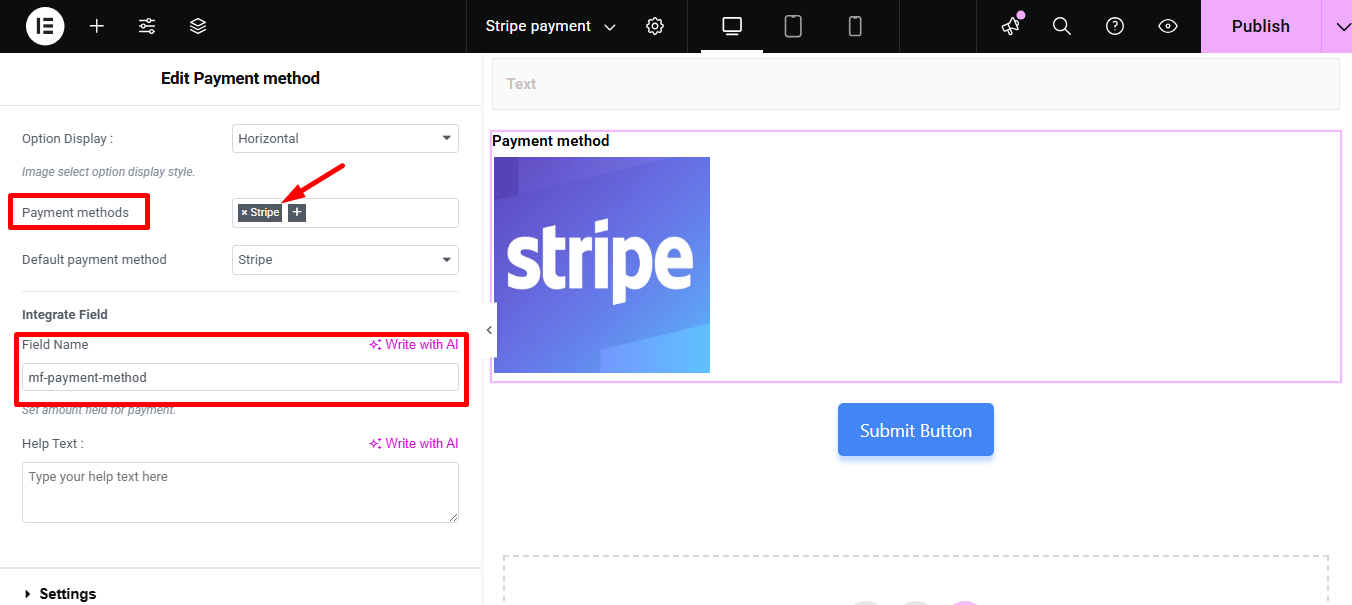 Select payment method and paste the name in the field name