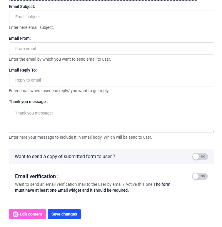 Settings for confirmation email