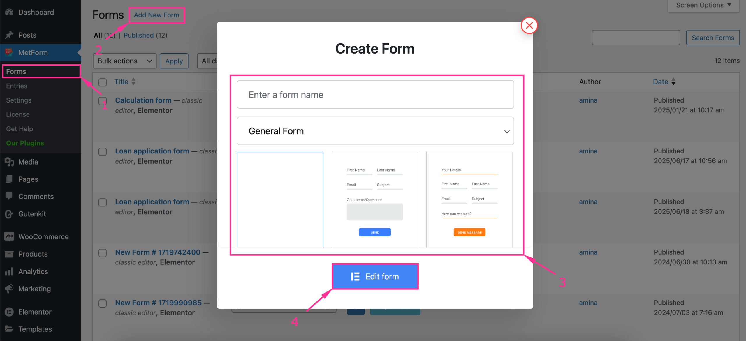 create Form for MetForm Auth integration