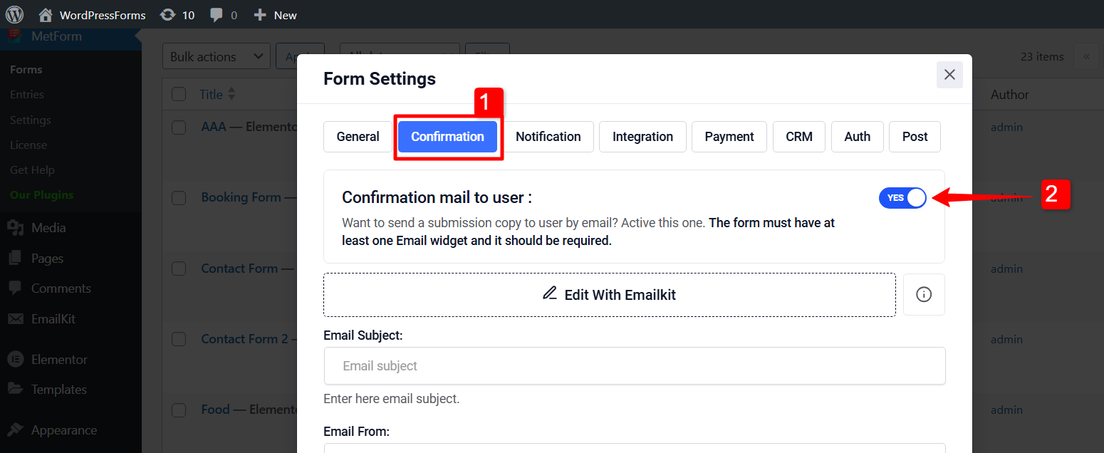 Enable confirmation email for WordPress form