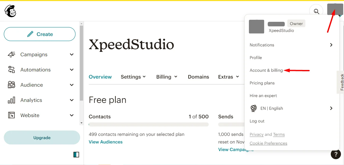 MailChimp Account & Billing settings to get API key.