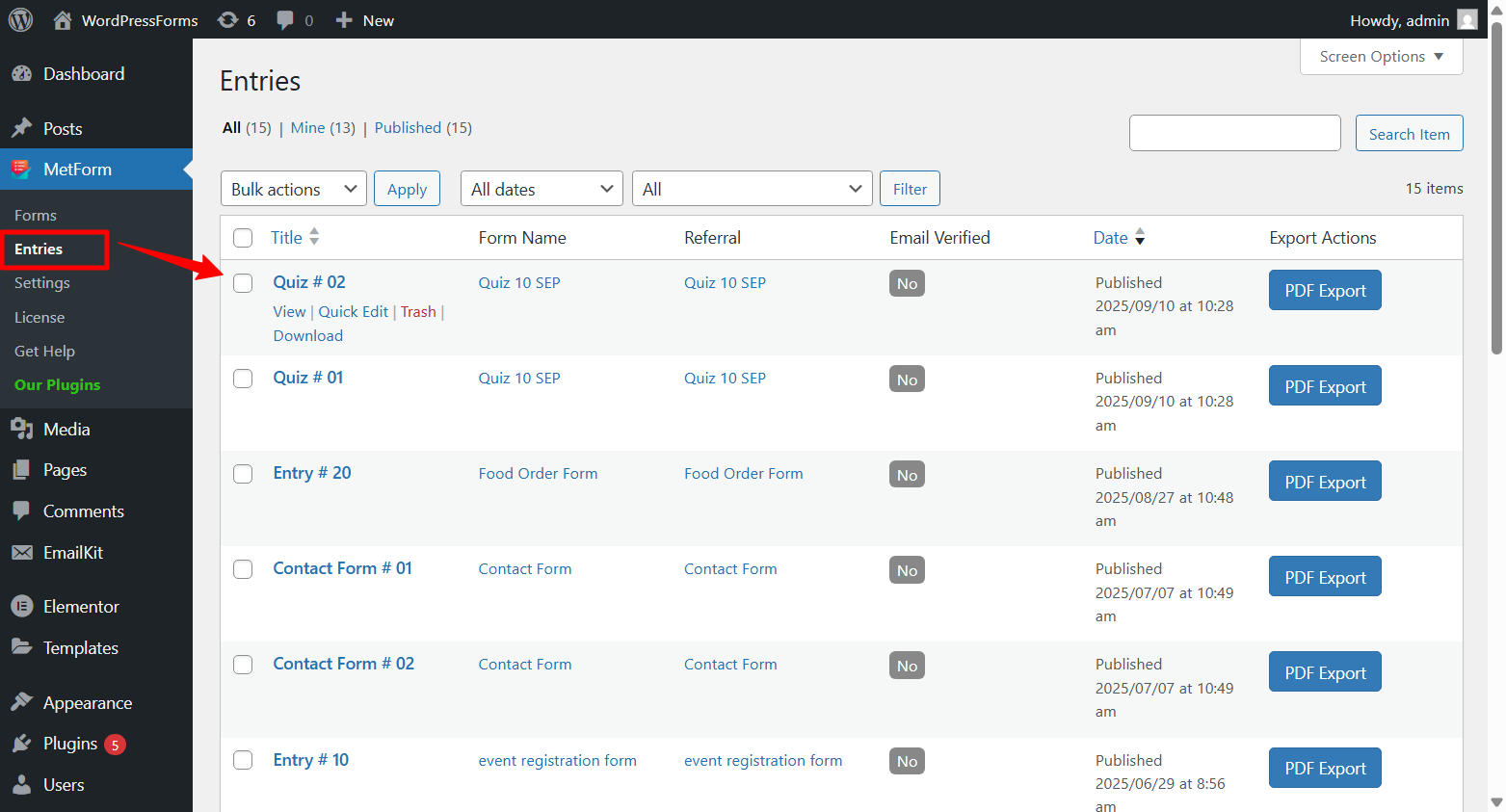 MetForm entries in WordPress dashboard