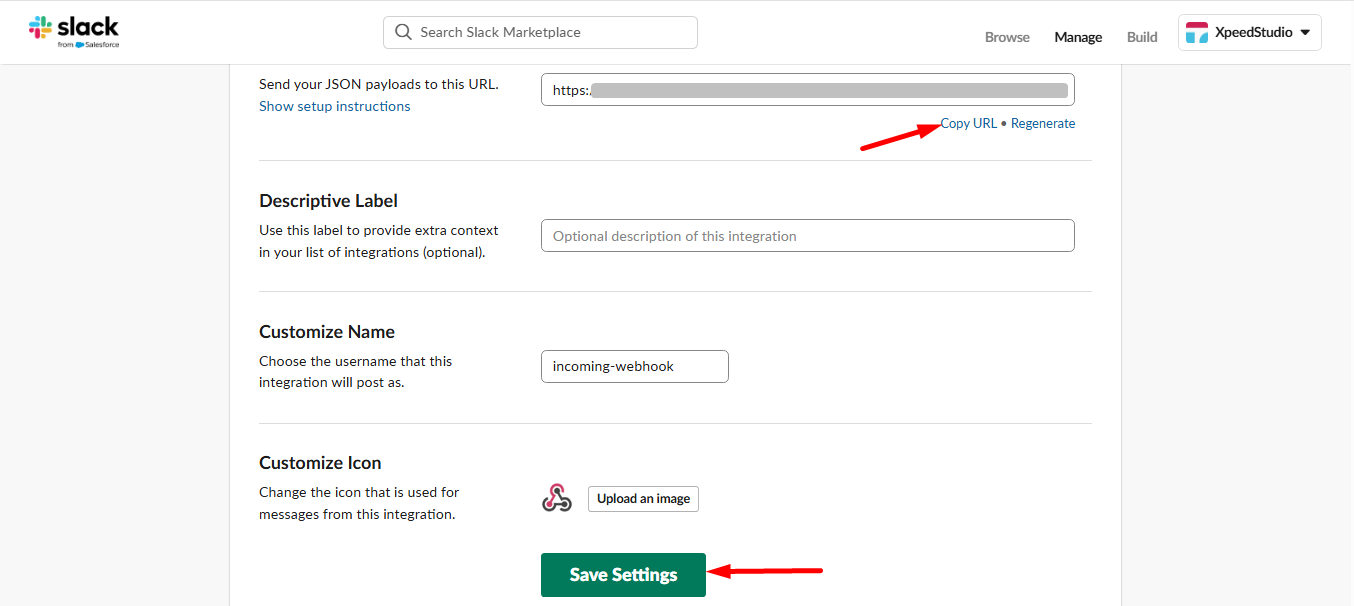 Copy the webhook URL