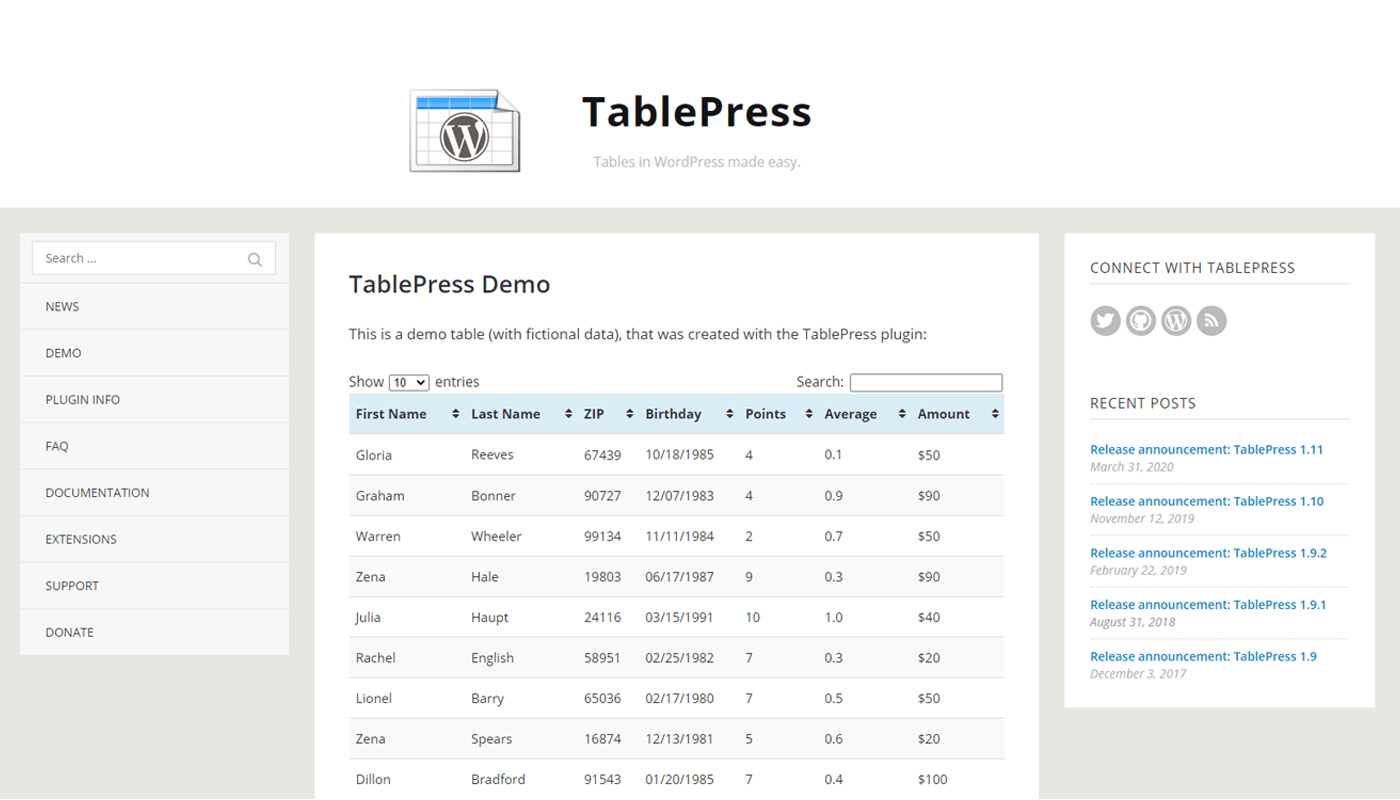 TablePress table plugin