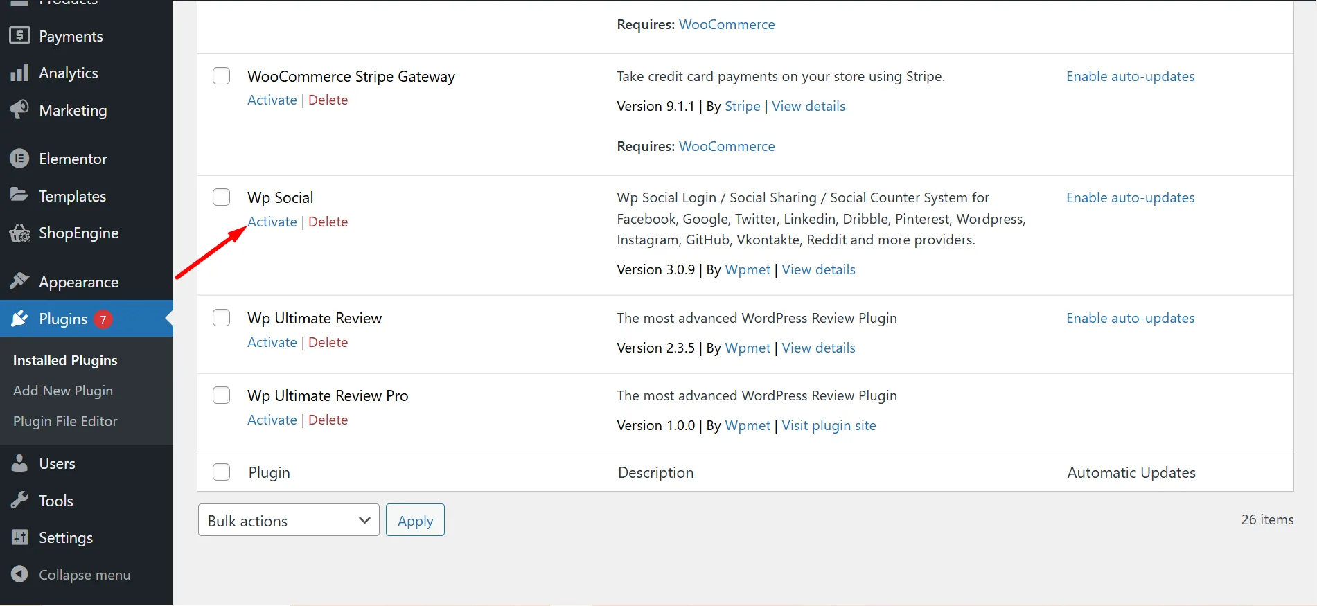 Activate Wp social plugin