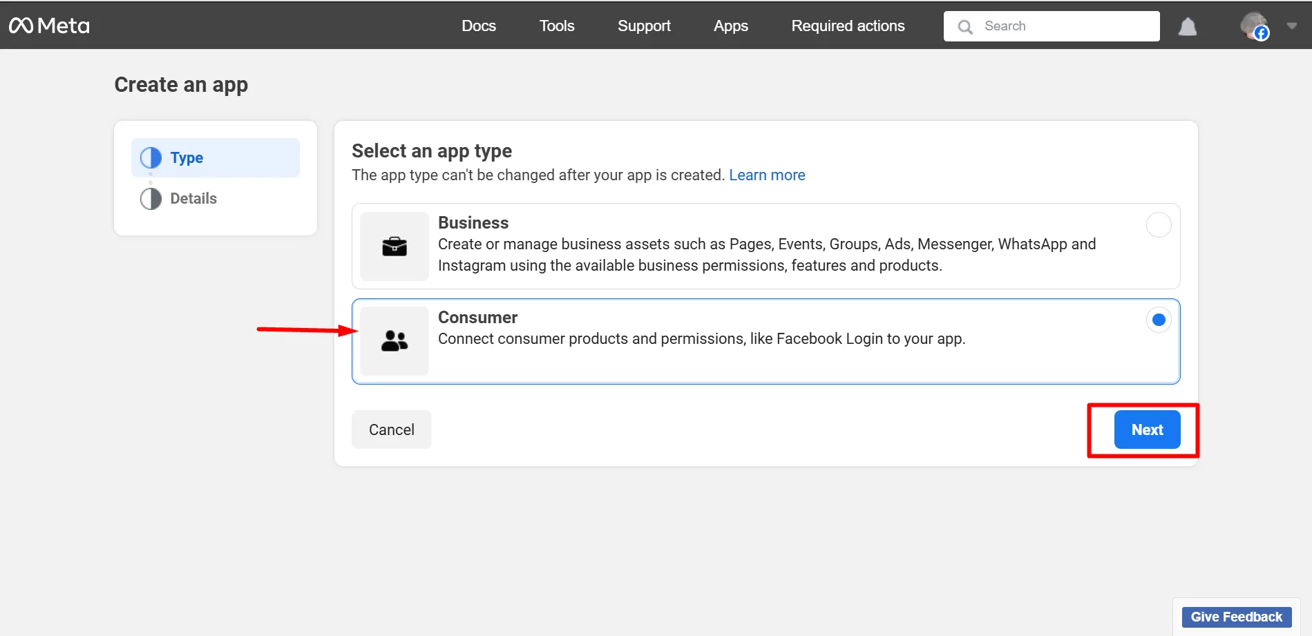 Select an App type for your FB App