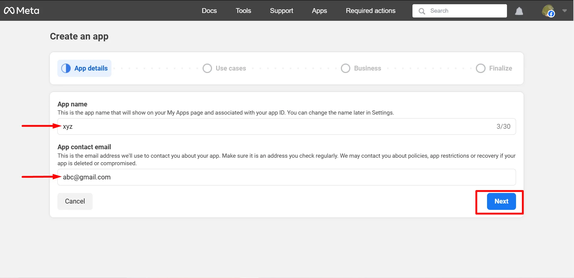 Provide details to create APP