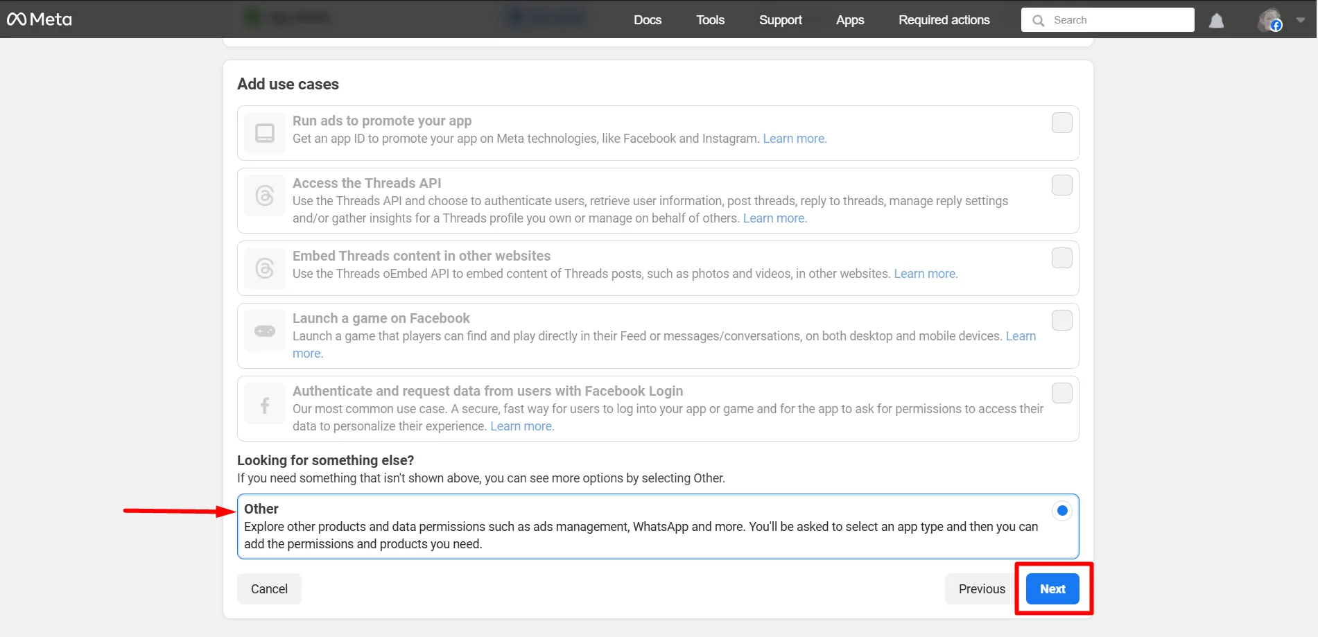 Select use cases to setup your FB App