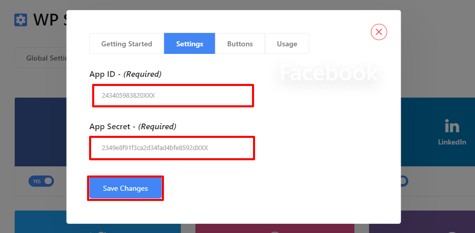 Insert the app ID and app Secret on Facebook Login Settings and Save Changes
