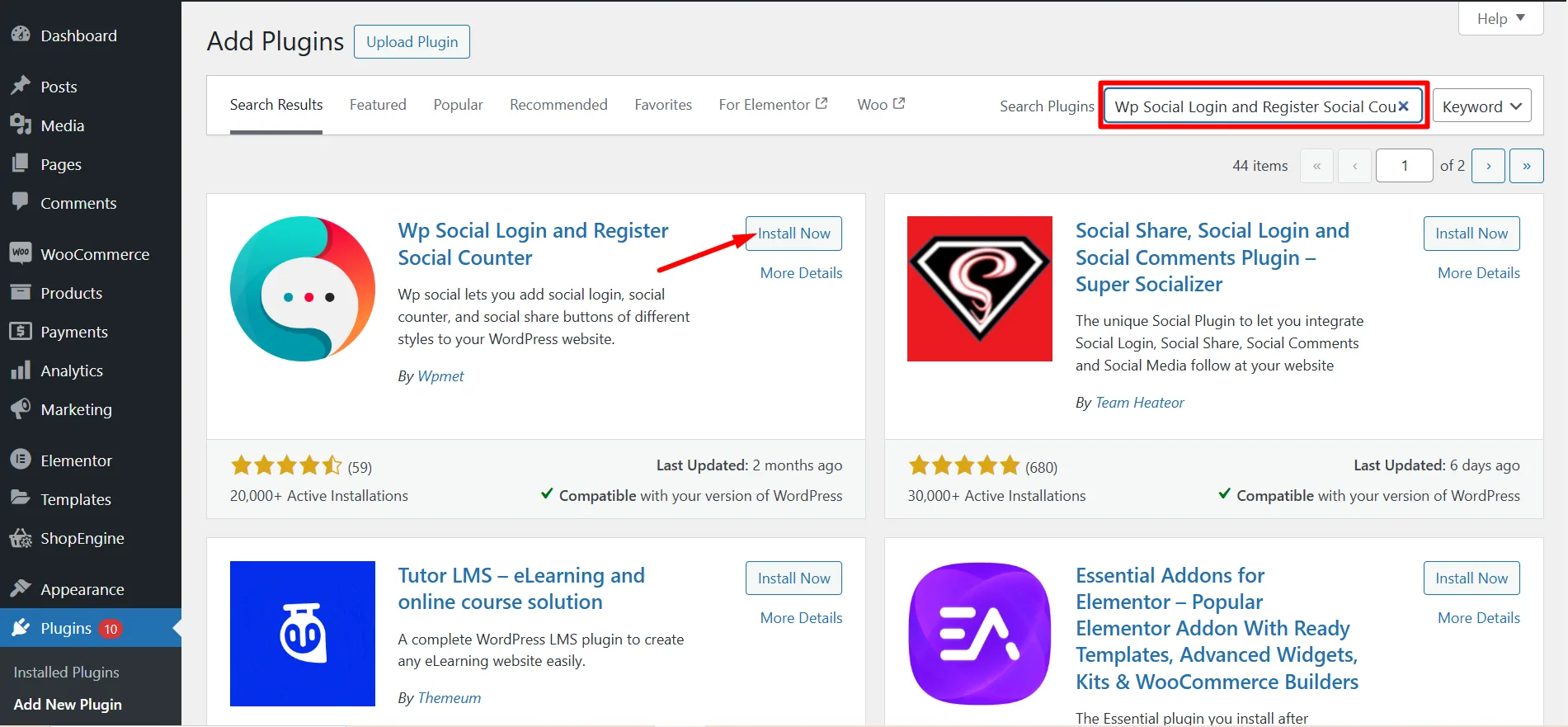 Install Wp social plugin from the dashboard