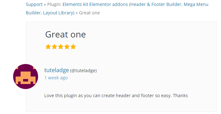 Product Review Widget A User's Review on ElementsKit Plugin