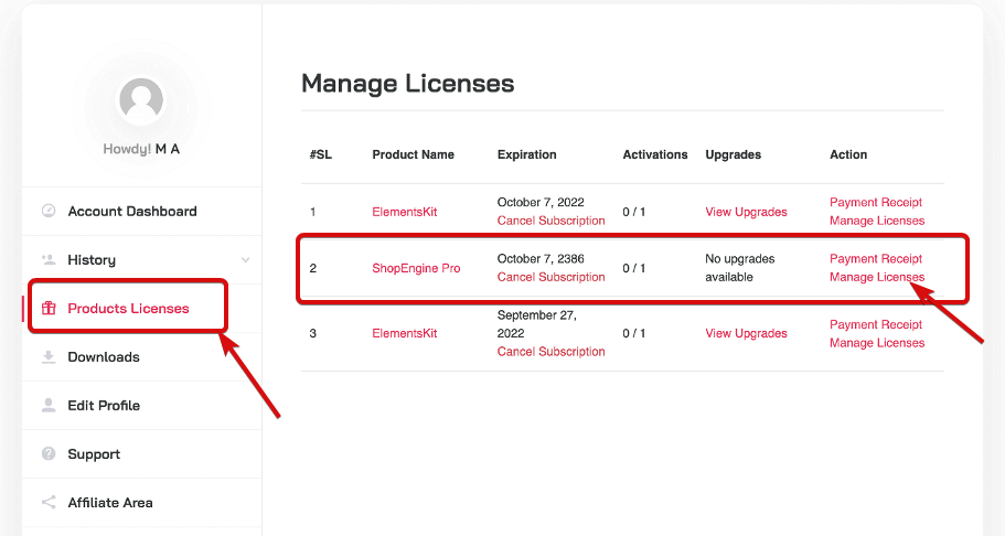 Opción Administrar licencias para ShopEngine Pro