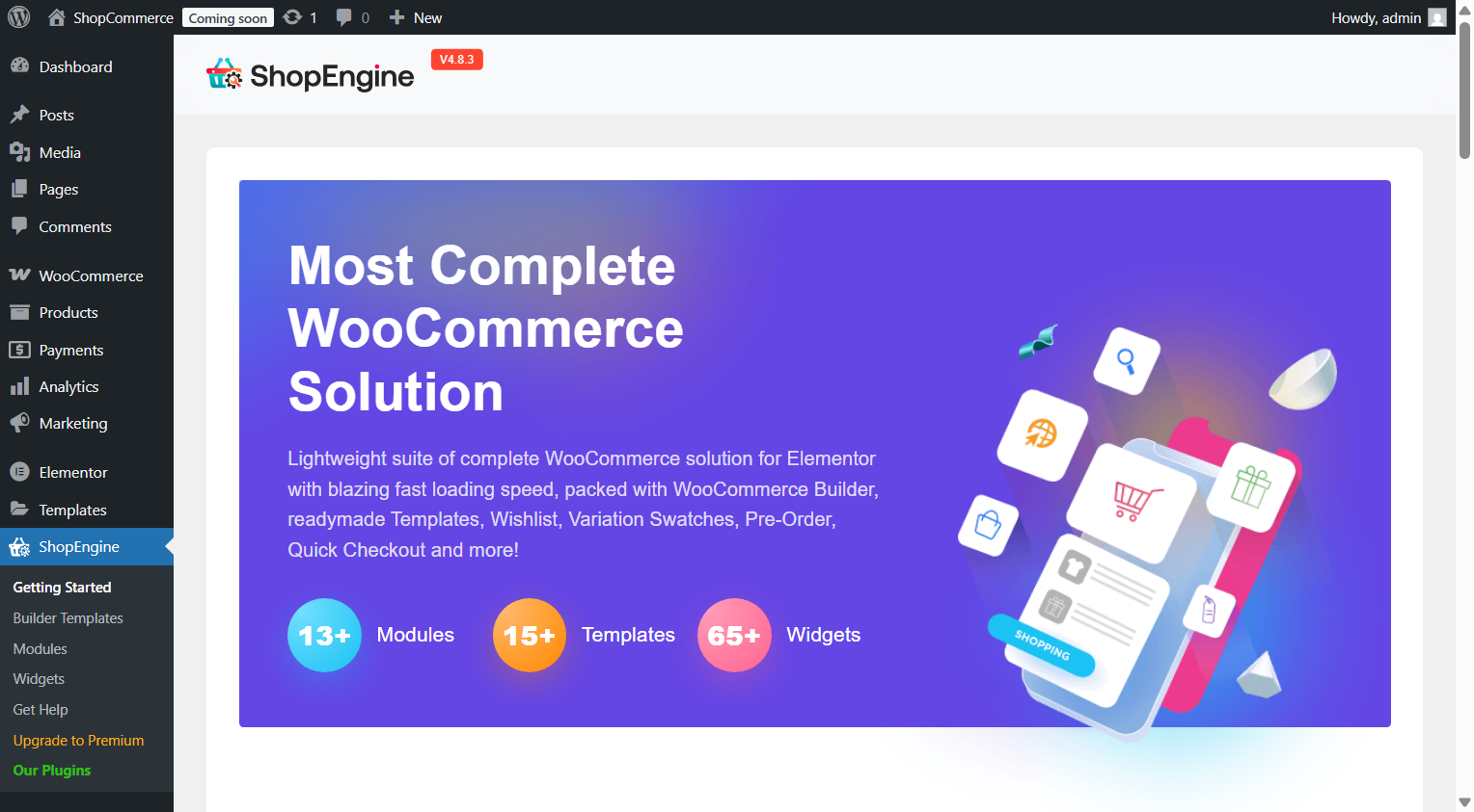 ShopEngine WooCommerce Builder plugin dashboard