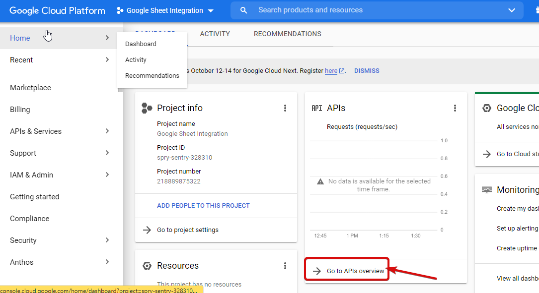 Go to Google project API overview