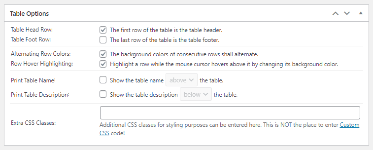 Table Options - Tables in WordPress