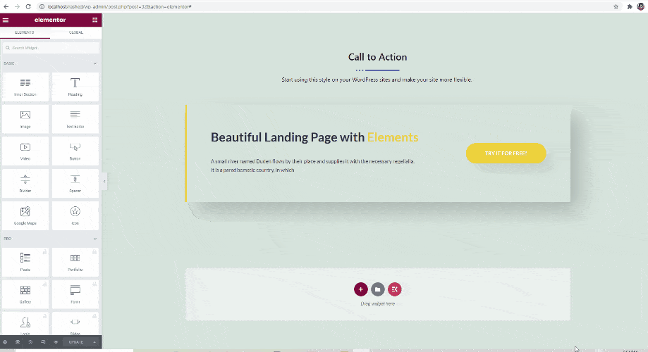 Add a readymade hero section for elementor landing page