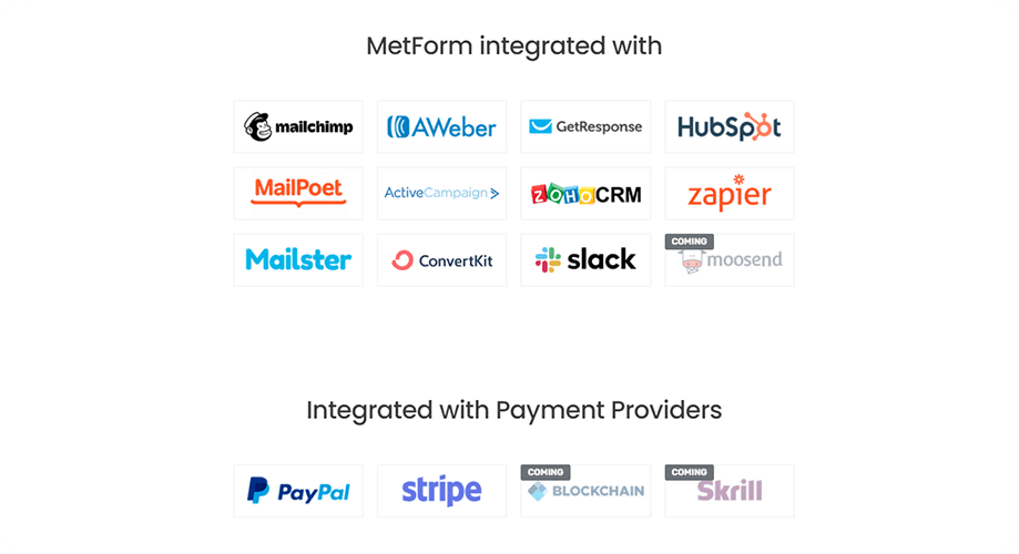 MetForm comes with reliable CRM integration and payment methods