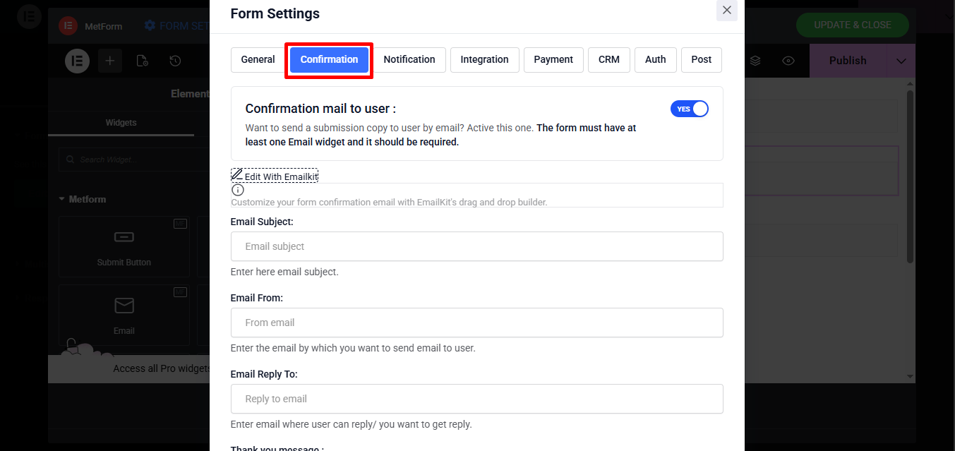 Confirmation mail settings