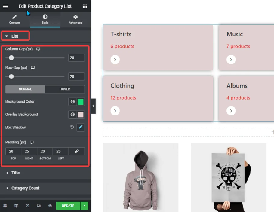 List settings product category list