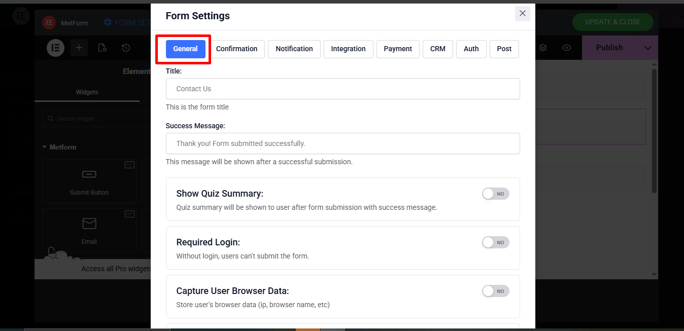 Metform general settings