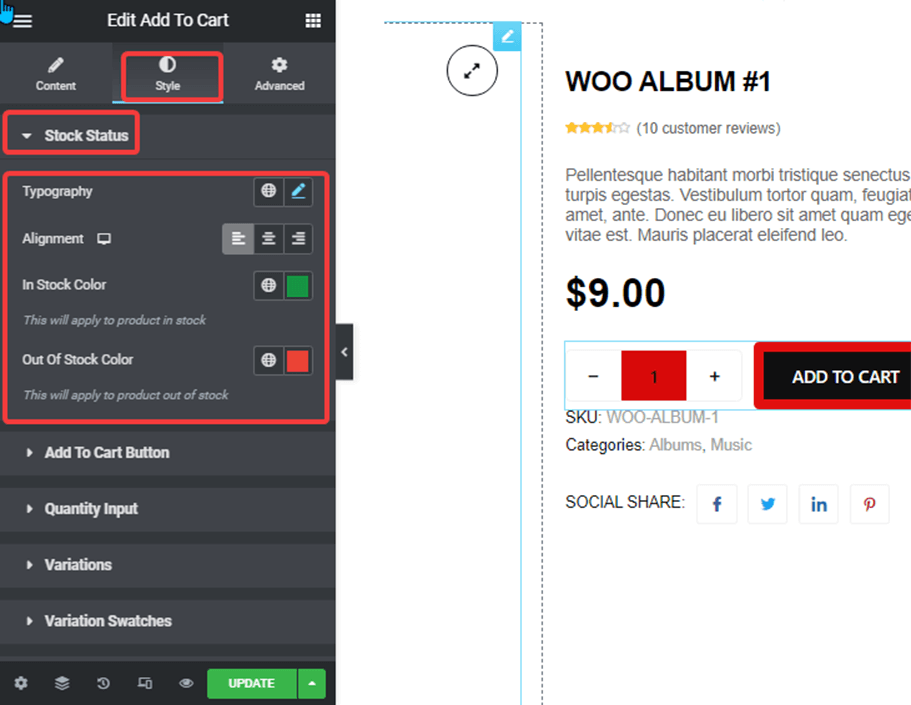 Stock status style settings