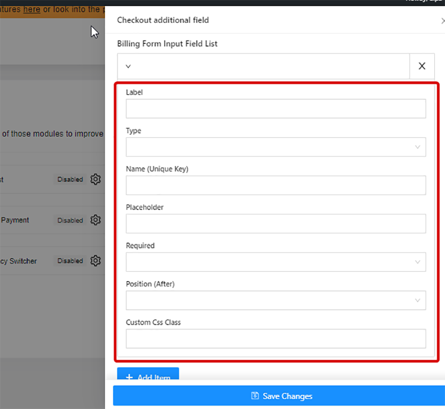 Add billing form input field list