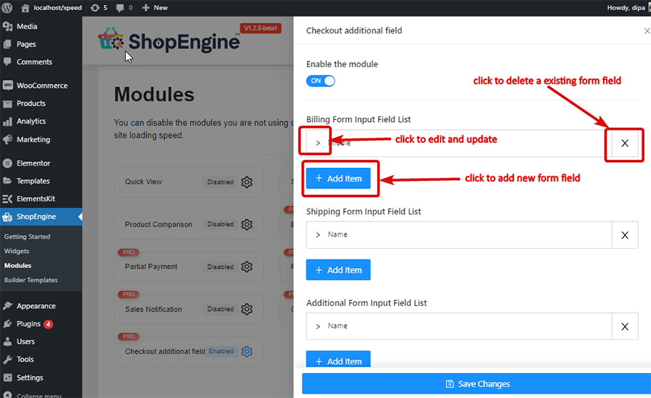 Add edit delete checkout additional field