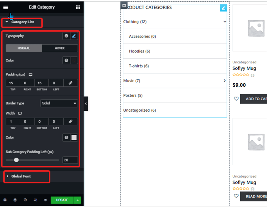  category list and global font style categories