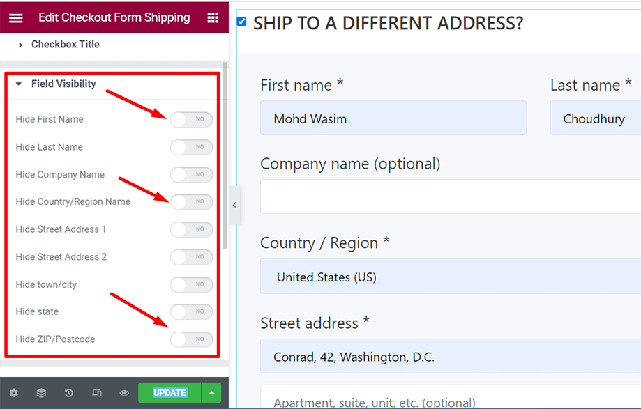 Checkout form- shipping is on display with field visibility section