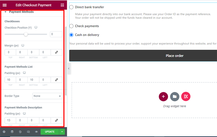 Checkout form- payment with payment methods section