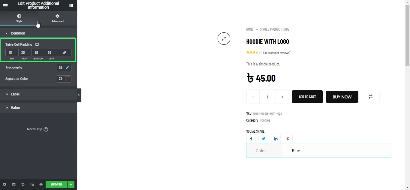 customize the common settings of the Additional Information widget