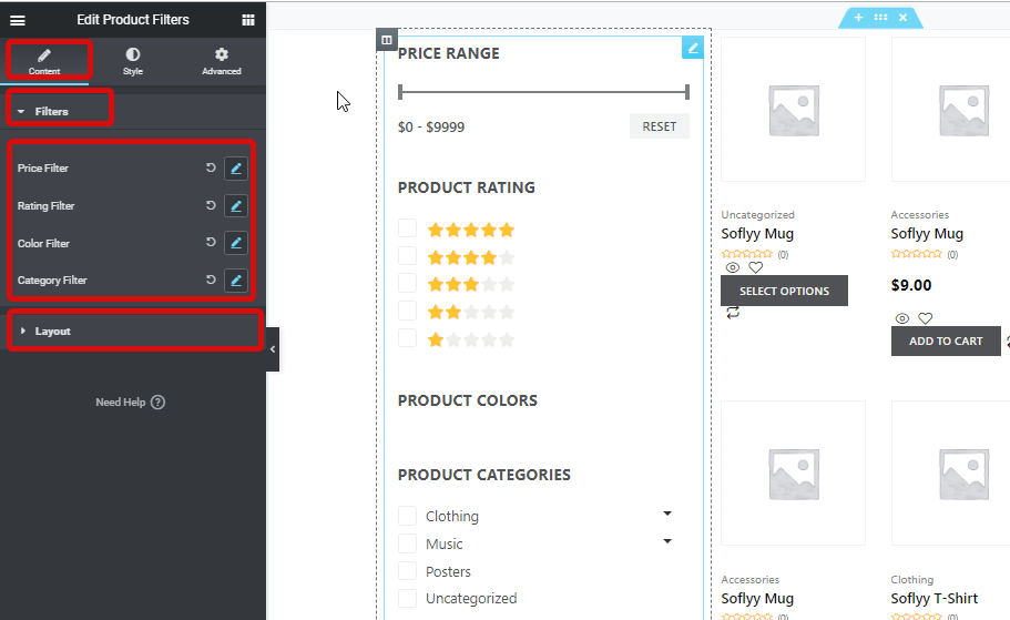 content settings product filters