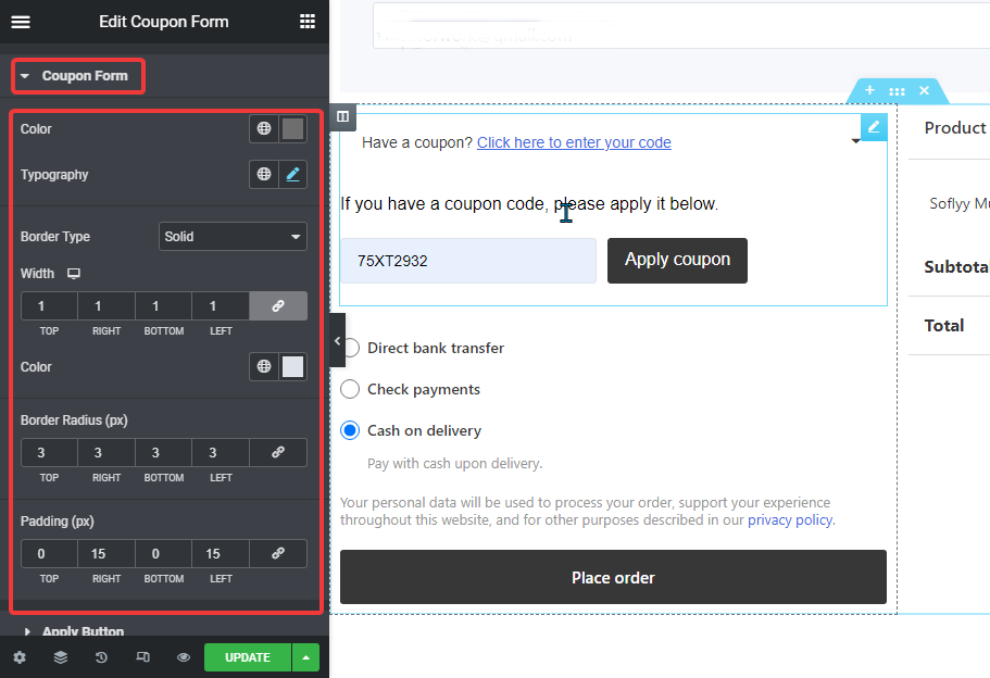 coupon form style settings